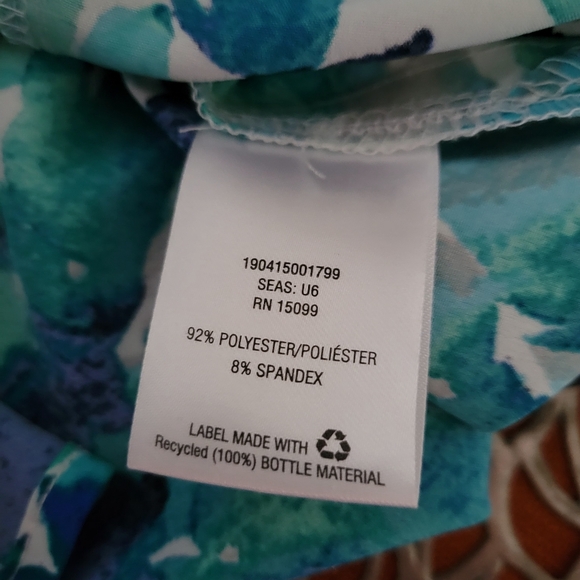 Print Button Down Laura Scott Tuxedo Blouse Green Blue Print Roll Tab Sleeve L - Picture 7 of 7